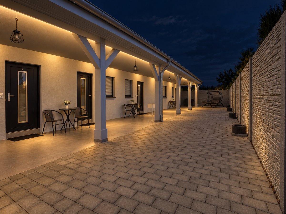 Überdachter Laubengang der Pension Villa Restaurant Sömmerda am Abend, warm beleuchtet, mit Tischen vor den Apartmenttüren