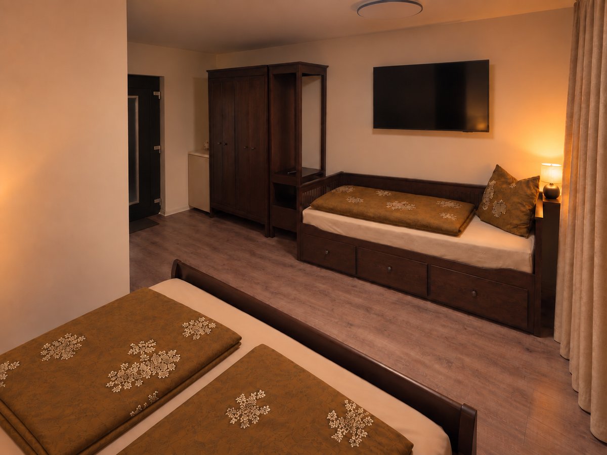 Wohnraum eines Apartments mit Tagesbett, Fernseher, Kleiderschrank und Kühlschrank