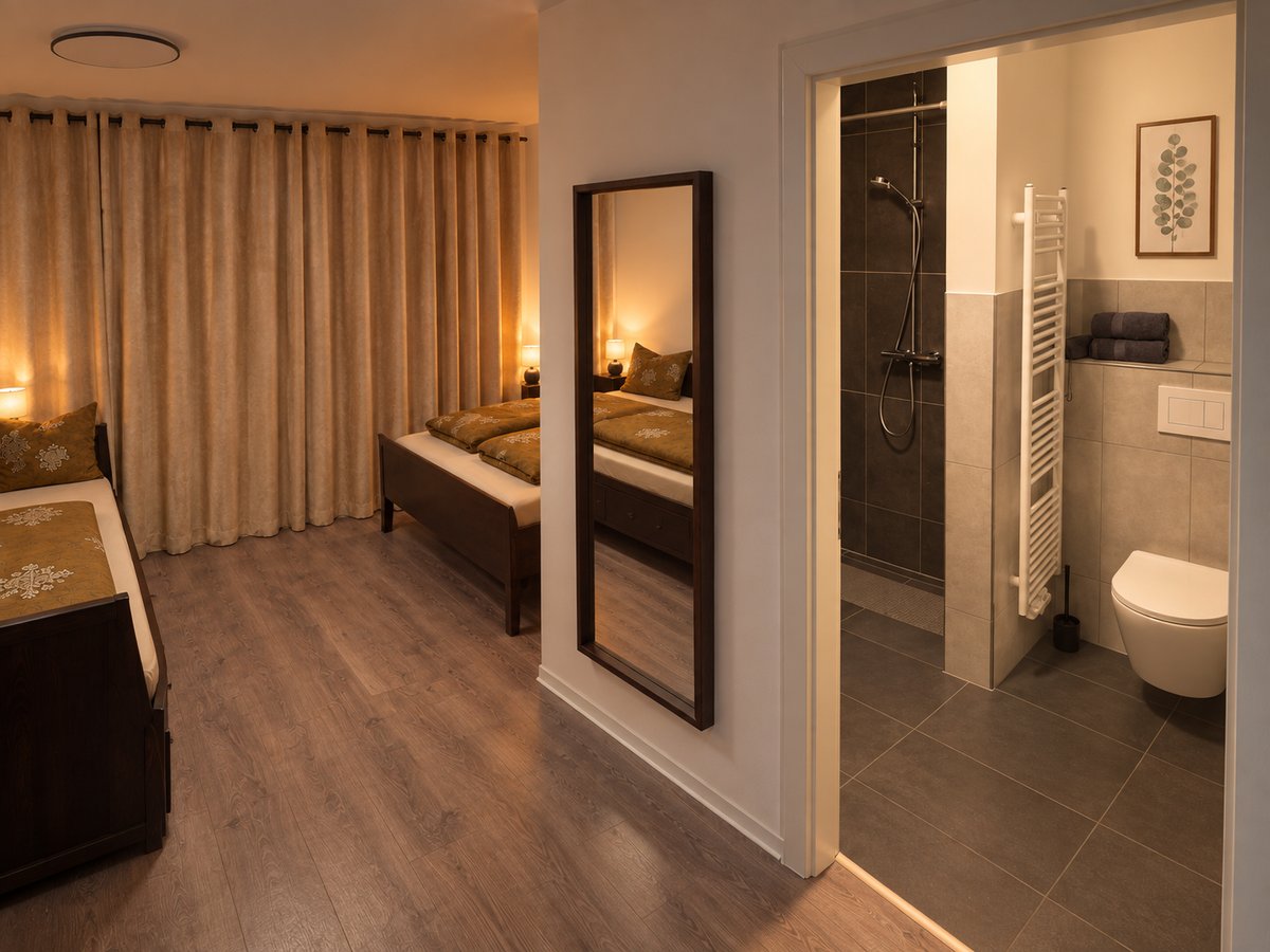Blick durch ein Apartment mit großem Wandspiegel zum eigenen Bad mit Dusche